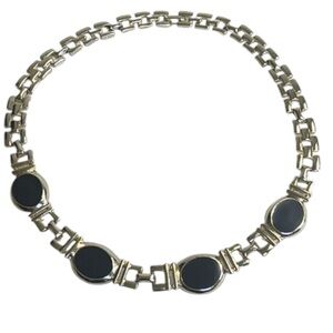 Vintage Link Necklace Black Onyx Polished Silver Tone Chunky 4 oval settings 8"